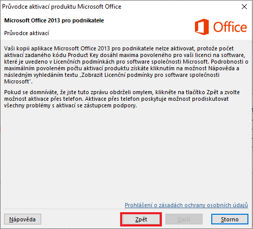 Počet aktivací zadaného kódu Product key dosáhl maxima - Office 2013 - Office 2013